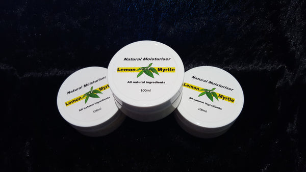 Lemon Myrtle Natural Moisturiser 100ml top view three jars - lemon myrtle oil shea butter jojoba oil organic