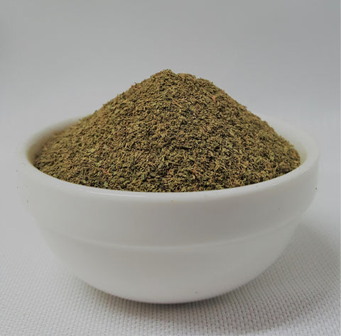Ground Lemon Myrtle Leaf Australian Certified Organic 25g powder in white bowl - culinary spice herb