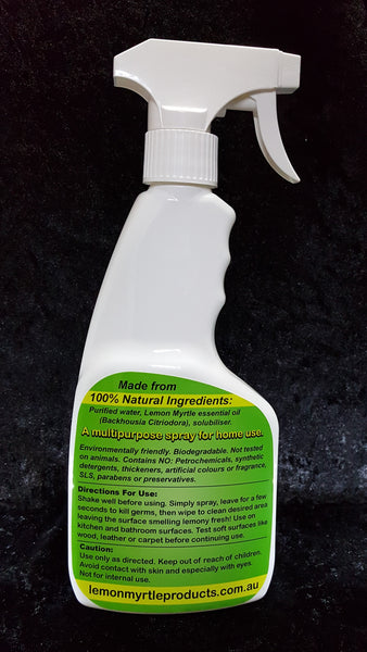 Lemon Myrtle All Purpose Cleaner 500ml - back label showing 100% natural ingredients, biodegradable, no chemicals