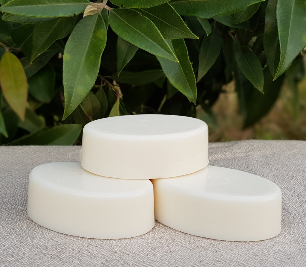 Lemon Myrtle handmade round goats milk soap bars - gentle moisturising natural skincare with lemon myrtle