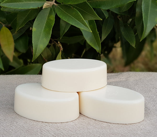 Lemon Myrtle handmade round goats milk soap bars - gentle moisturising natural skincare with lemon myrtle