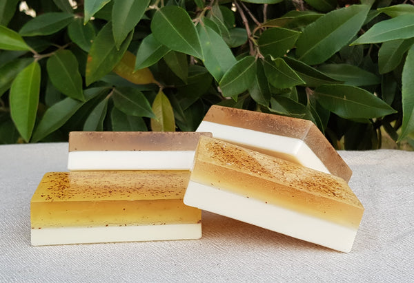 Lemon Myrtle two-tone handmade soap bar - goats milk and translucent glycerine layers with lemon myrtle essential oil