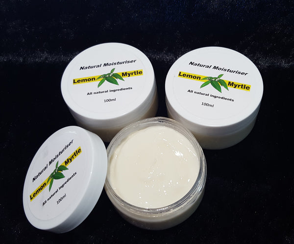 Lemon Myrtle Natural Moisturiser 100ml open jar showing cream texture - non greasy organic face cream